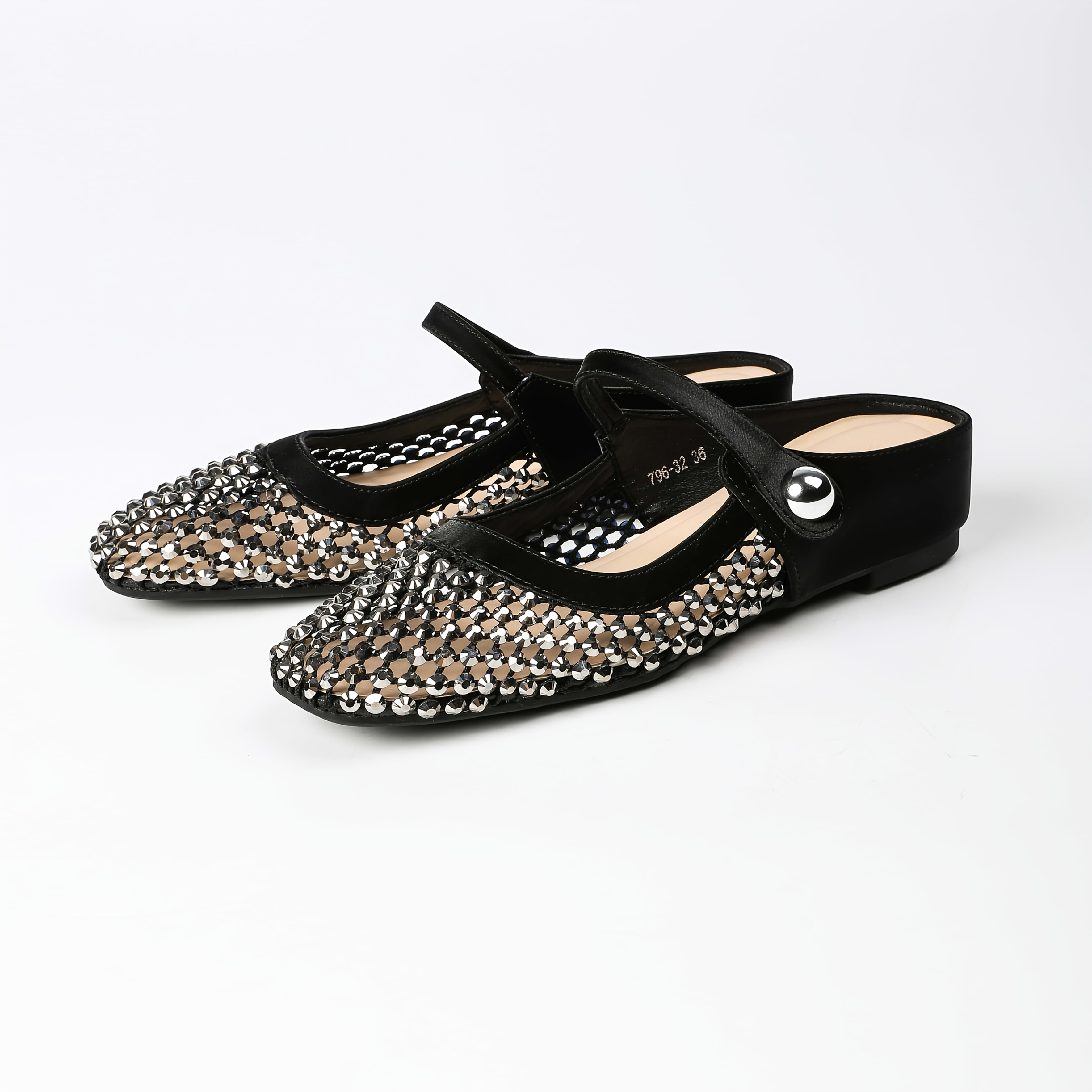 Image of Elegant Rhinestone Hollow Mesh Mary Jane Half Women's Summer Breathable Flat-soled Soft Beach Women's Shoes Black Golden Dual Colors , Women Shoes