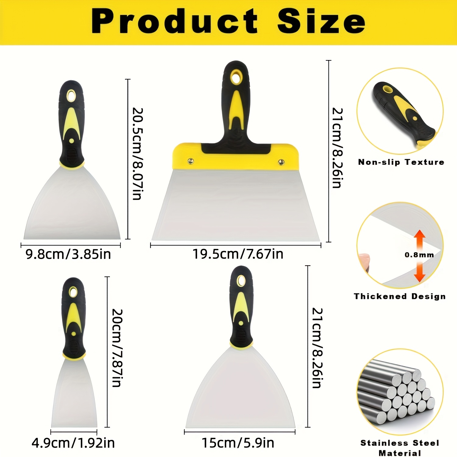 4pcs Multi-Purpose Stainless Steel Putty Knife Set, Stainless Steel Scraper, with Non-Slip Plastic Handle, Painter'S Wall Scraper, Multi-Size Suitable for Wall Repair, Paint Scraping, Filling Putty, Removing Wallpaper (50 Mm, 100 Mm, 150 Mm, 200 Mm)