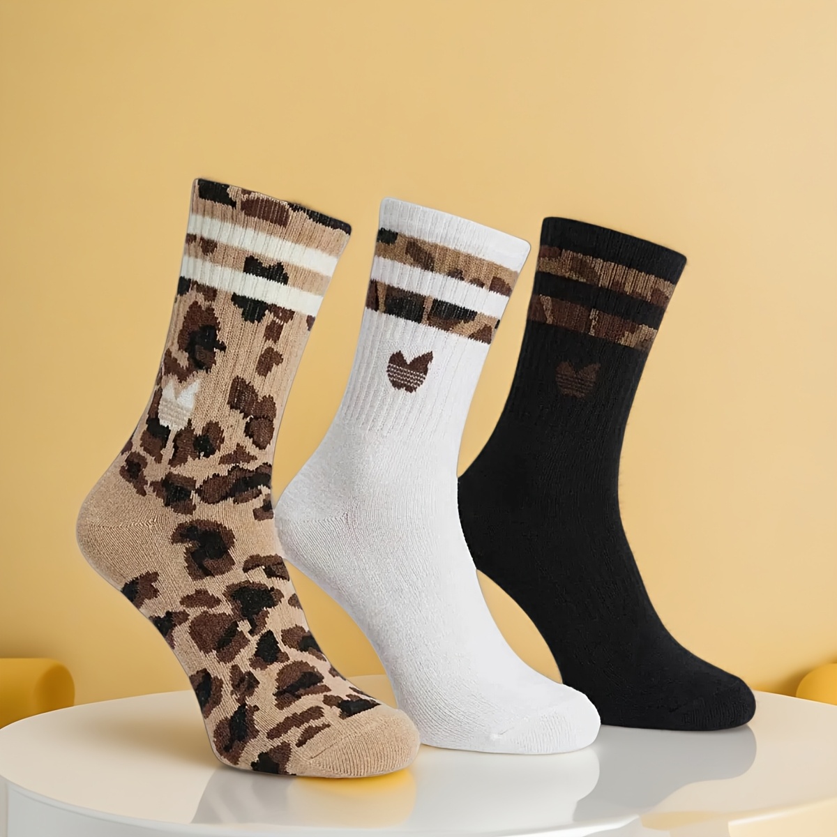 3 Pairs Of Personalized Mid-tube Women's Socks, Suitable For Daily Outdoor , Fashionable Leopard Print Socks, Trendy Striped Women's Outerwear Long Socks