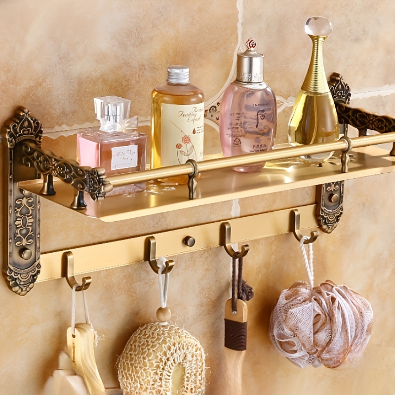 European-style Vintage Bathroom Shelf With Hooks, Multi-functional Space Bathroom Towel Hook Wall-mounted Shelf