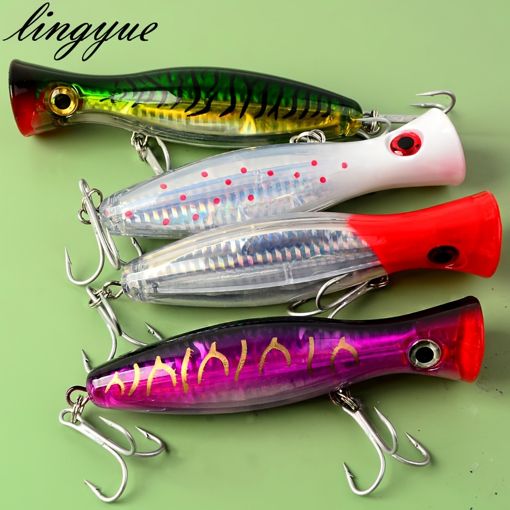 TEMU 4pcs 12.5cm/4.92in 43g/1.516oz Floating Popper Fishing Lure Saltwater Topwater Popper Lures With Treble Hook For Striper Tuna Offshore Large Fish
