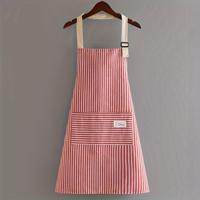 

1pc Striped Polyester Apron With Pockets - Breathable, Waterproof & Oil-resistant, Adjustable Neck Strap For Cooking, Serving, Painting - Kitchen & Housework Wear