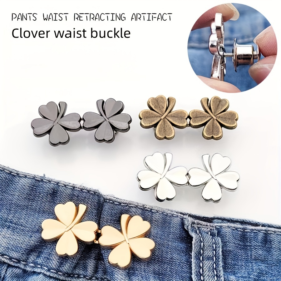 

Metal Clover Waist Buckle Set Of 3, Removable Decorative Buttons For Adjusting Jeans Waist, No-sew Instant Tightener For Loose Denim Pants, Adjustable Jean Button Pins