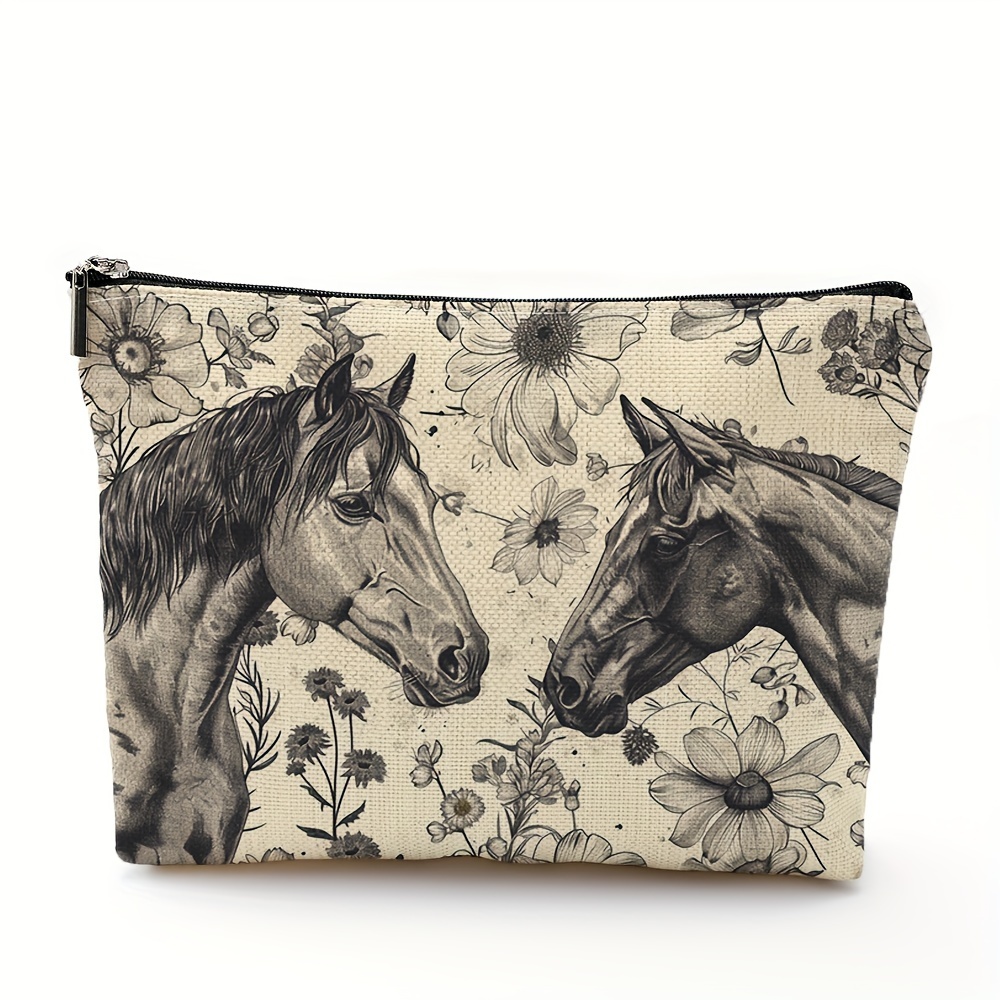 

Horses And Flowers Pattern-cosmetic Bag For Women, Adorable Makeup Bag, Travel Toiletry Bag Accessories Organizer