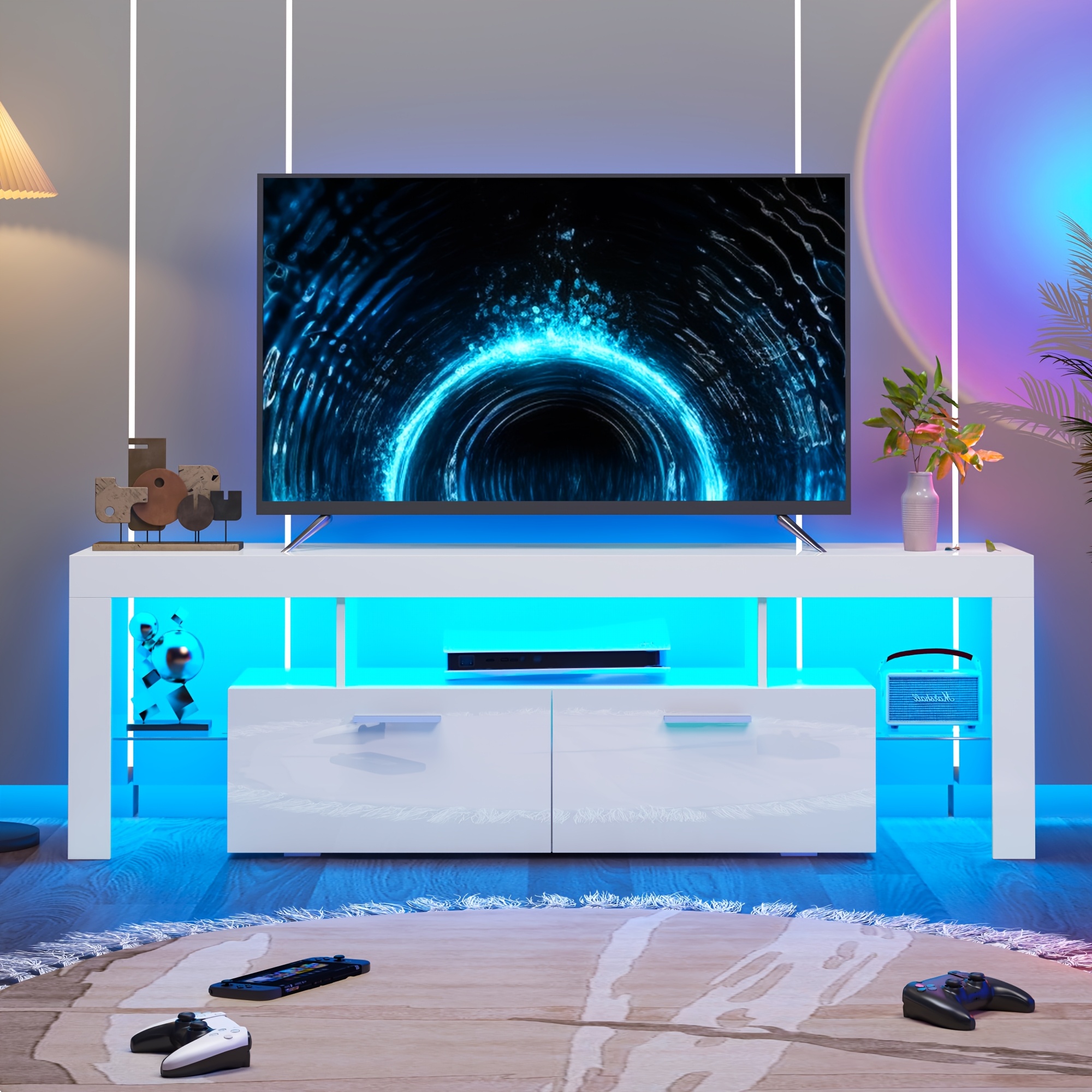 71" High Gloss White TV Stand with LED Lights for 55/65/75/80 Inch TVs, Gaming Entertainment Center with Cabinet for PS5, Modern Media Console Table with Glass Shelves for Living Room, Game Room, Bedroom - Image 6