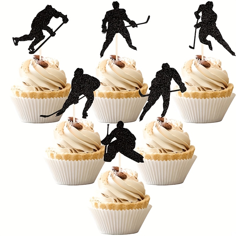 Image of 12pcs Hockey Cupcake Toppers Black Glitter Hockey Players Cupcake Picks Ice Hockey Sports Theme Baby Shower Birthday Party Cake Decorations Supplies For Christmas,newyear,valentine,party Events