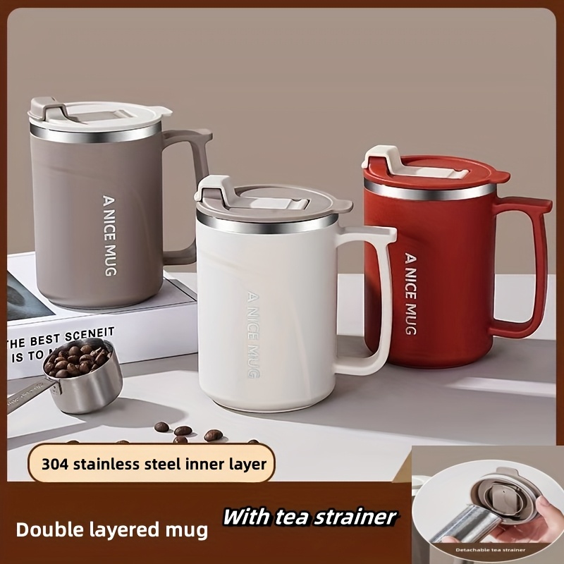 

1pc Stainless Steel Insulated Coffee Mug With Detachable Tea Strainer, Leak-proof Lid, And Handle - 500ml Double-walled Thermal Cup For Hot And Cold Beverages, Office, Outdoor Use