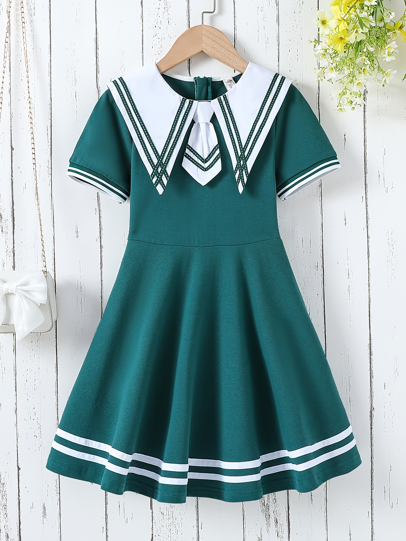 girls dress collar bow tie short sleeve a line umbrella