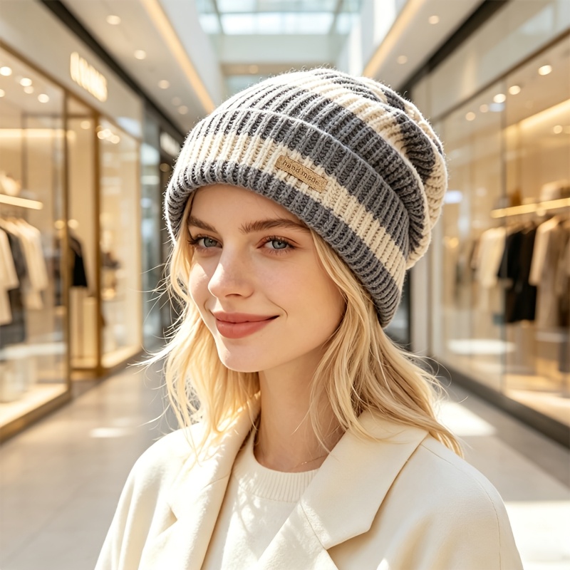 TEMU Women's & Unisex Winter Hat Suitable For Large Head - Soft Stretchy Warm Beanie With Black/beige Stripes, Lightweight For Christmas Parties, New