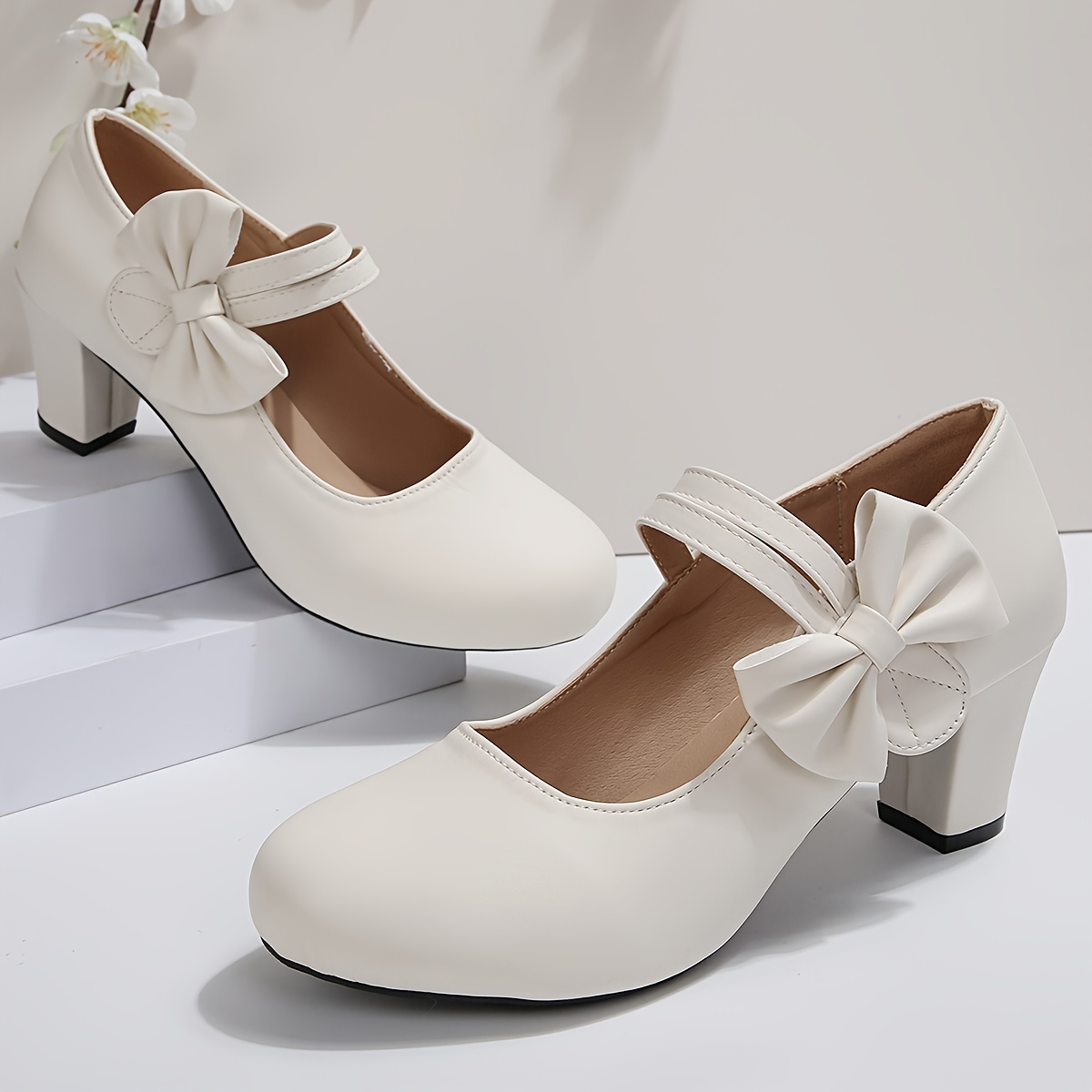 TEMU Mocassins élégants pour femmes avec nœud et talon épais Mary Jane, chaussures à bout rond, style de intemporel, chaussures pour femmes
