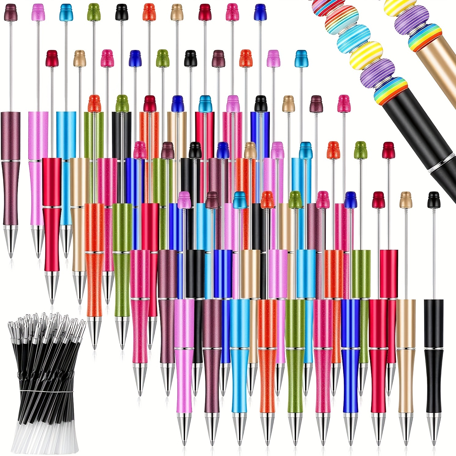 

150/300pcs Pretty Cute Plastic Beaded Pen And Refills, Bulk Shaft Ink Ballpoint Pen, Diy Pen For Diy Making Gift, Office Supplies (mixed Color)