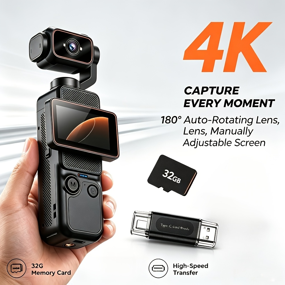 TEMU 4k Portable Vlog Camera With 32gb Memory Card, Auto 180° Rotating Lens, 3-axis Hd Anti-shake, Manually Adjustable Display, Compact Camcorder For