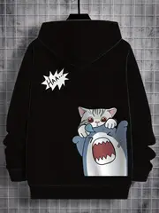 mens 3d cartoon cat shark print hoodie casual long sleeve pullover with kangaroo for details 2