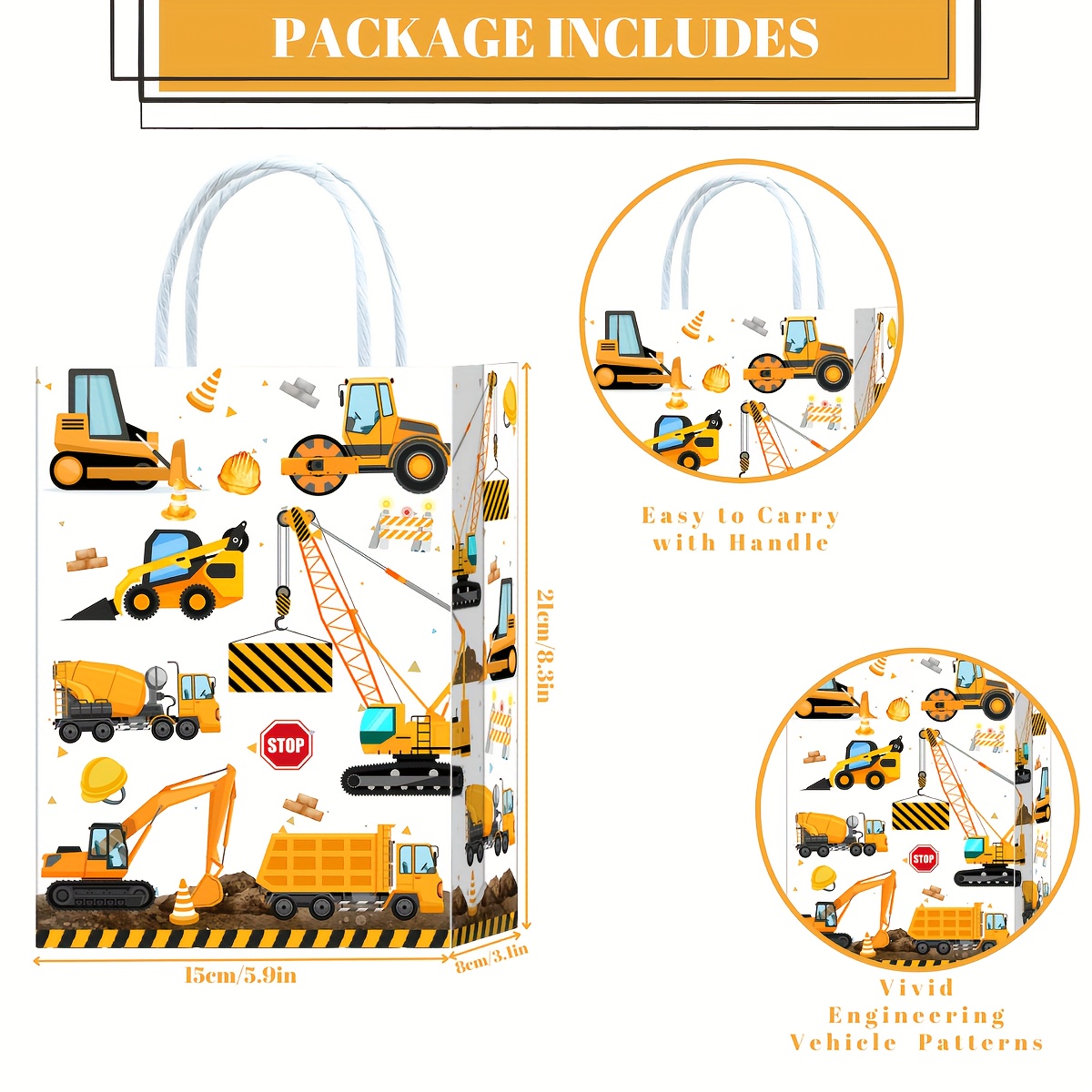 TEMU 20pcs Construction Site Gift Bags, Construction Site Party Bags, Excavator Mitt Gassell Bags With Handles Paper Bags, Excavator Birthday Gift