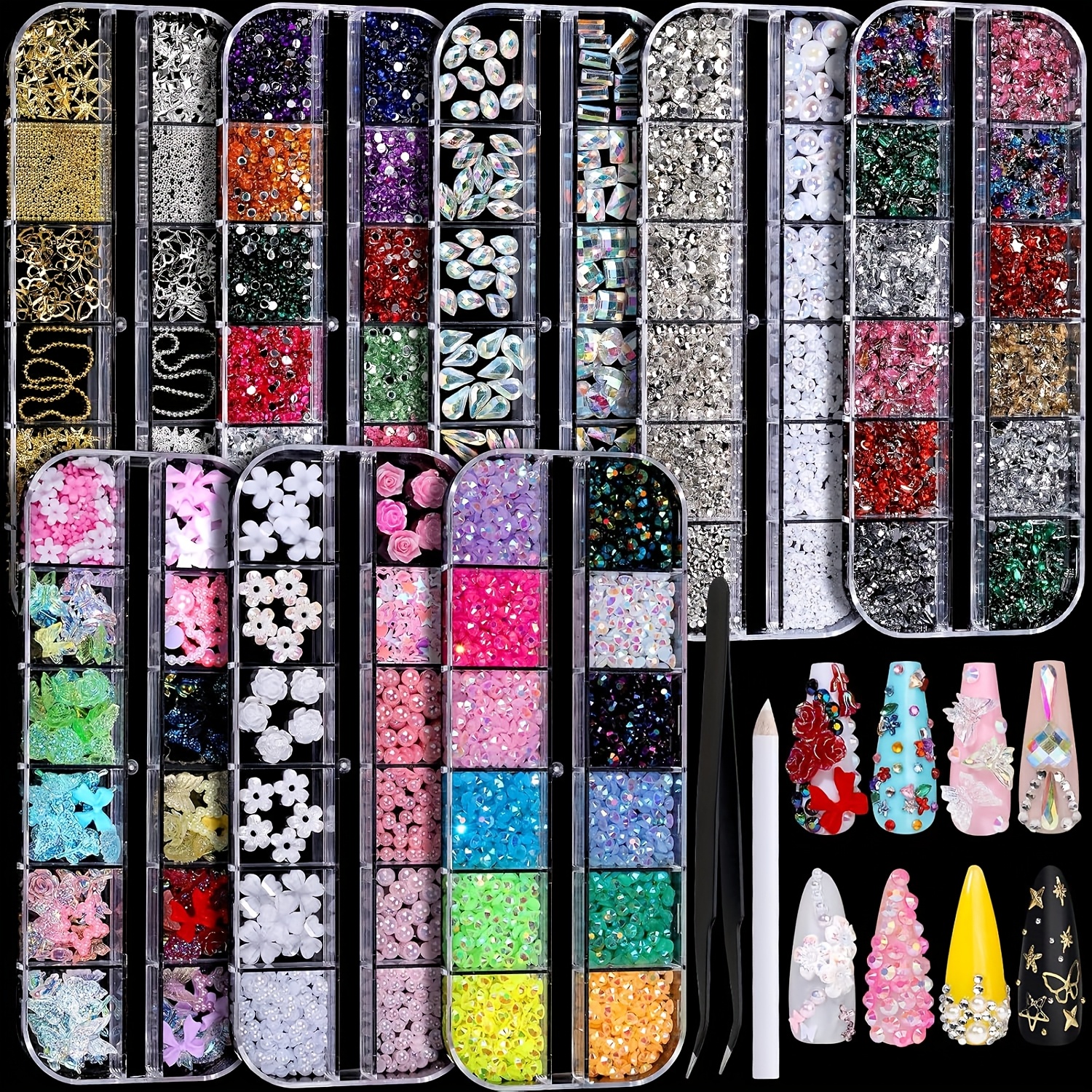 Image of 8boxes Nail Charms And Rhinestone Set With 8 Boxes Of Nail Gems And 3d Charms, Suitable For Nails. Features Colorful And Transparent Flat-back Rhinestones, Multi-shaped Jewelry, And Craft Crystals.