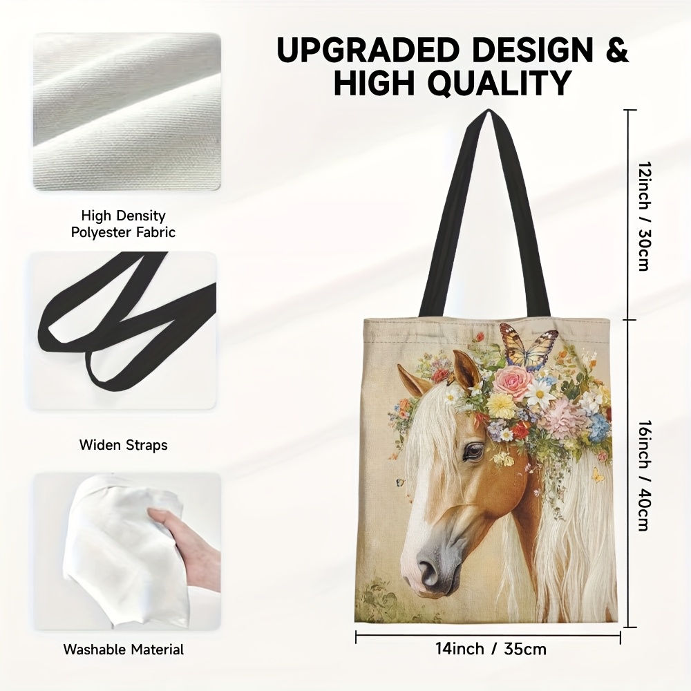 TEMU 1pc Stylish Horse Print Canvas Tote Bag - Large Capacity, Reusable Grocery Bag With Vibrant , Daily Use, Holiday Gifts, And Everyday Adventures,