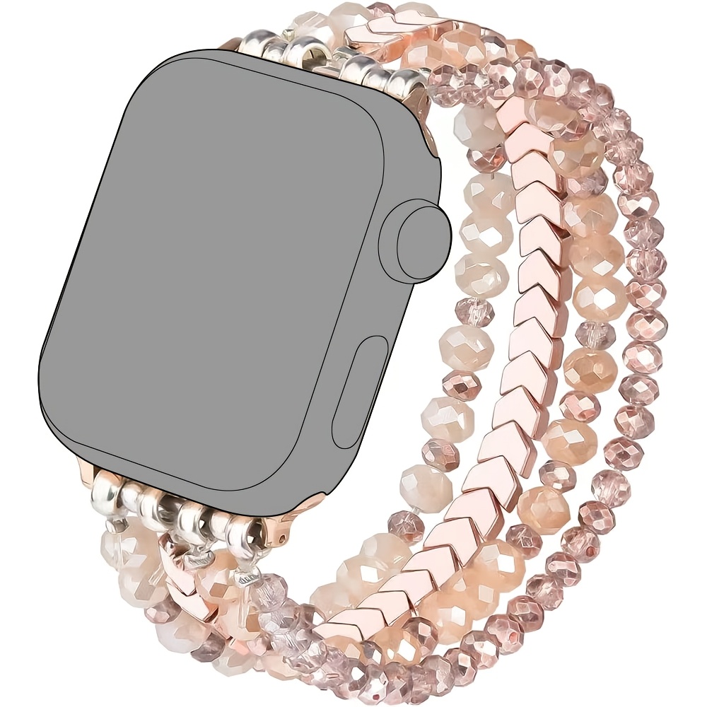 TEMU 1pc Luxury Pink Beaded Black Onyx Strap, Compatible With Iwatch And Se, Premium Replacement Wristband For Women