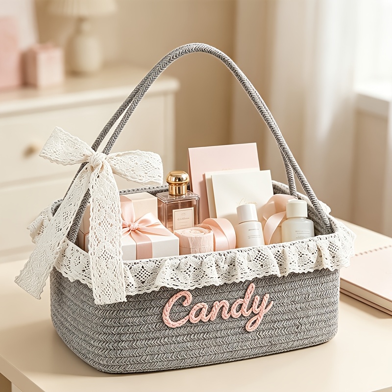 Custom Name Storage Basket with Lace Trim, Handheld Organizer
