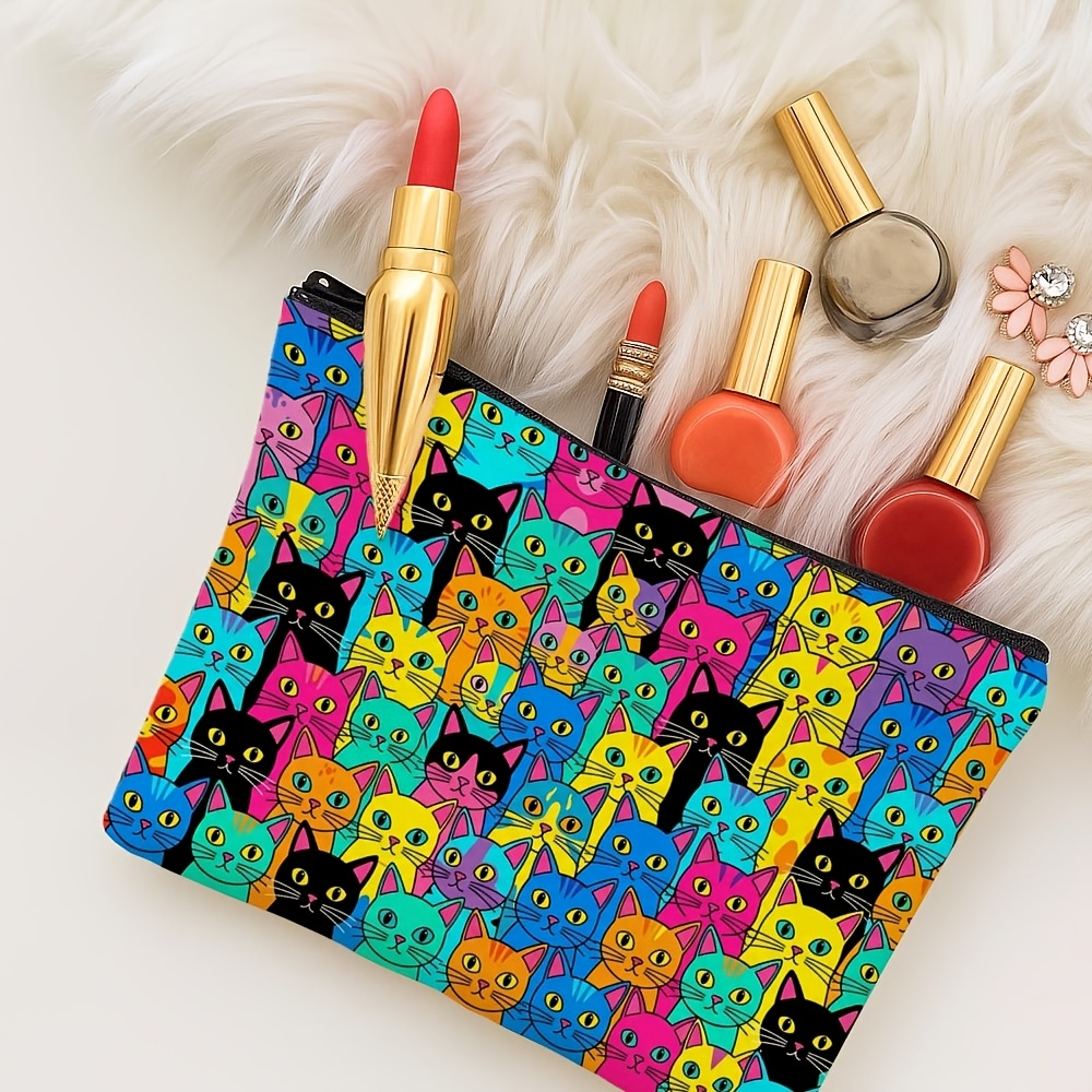 1pc double sided 2d printed womens   art cat toiletry bag vibrant colors suitable for cat print makeup storage pouch zippered portable makeup case simple travel organizer bag suitable for gym daily use wet wipe wiping