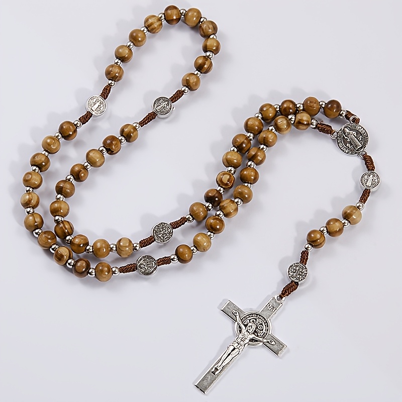 1pc Wooden Rosary Hanging Rack, 53-bead Wooden Rosary Pendant, For Car Rearview Mirror Hanging, Peace Love Pendant, Benedictine Rosary Pendant, For Baptism , Spiritual Gift, Small Religious Gift