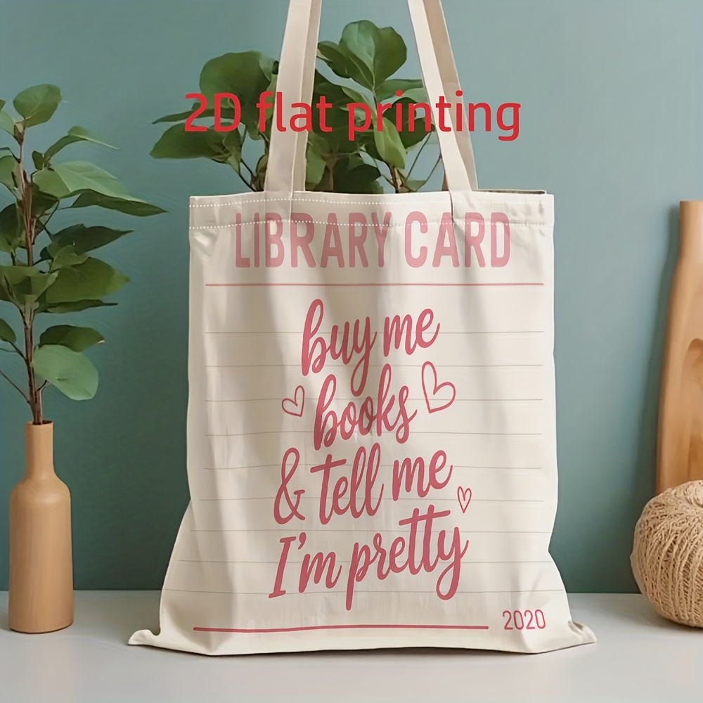 TEMU 1pc Optional Men's Tote Bag - Same 2d Flat Print For Men And Women - "library Card" Fun Text Pattern - Foldable, Women's Reusable Grocery