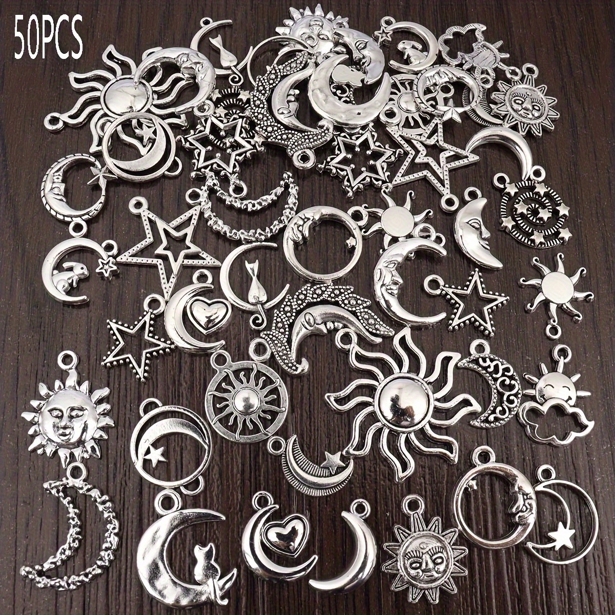 Image of Random 50pcs Mixed Alloy Material Personalized Ear Jewelry Pendant, Elegant Alloy Material Classic Silvery Moon Bracelet Necklace Charm