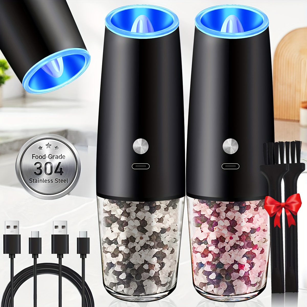 TEMU 2pcs Usb Rechargeable Salt And Pepper Grinder Electric Salt And Pepper Mill & Adjustable Coarseness Automatic Salt Grinders Spice Shakers With