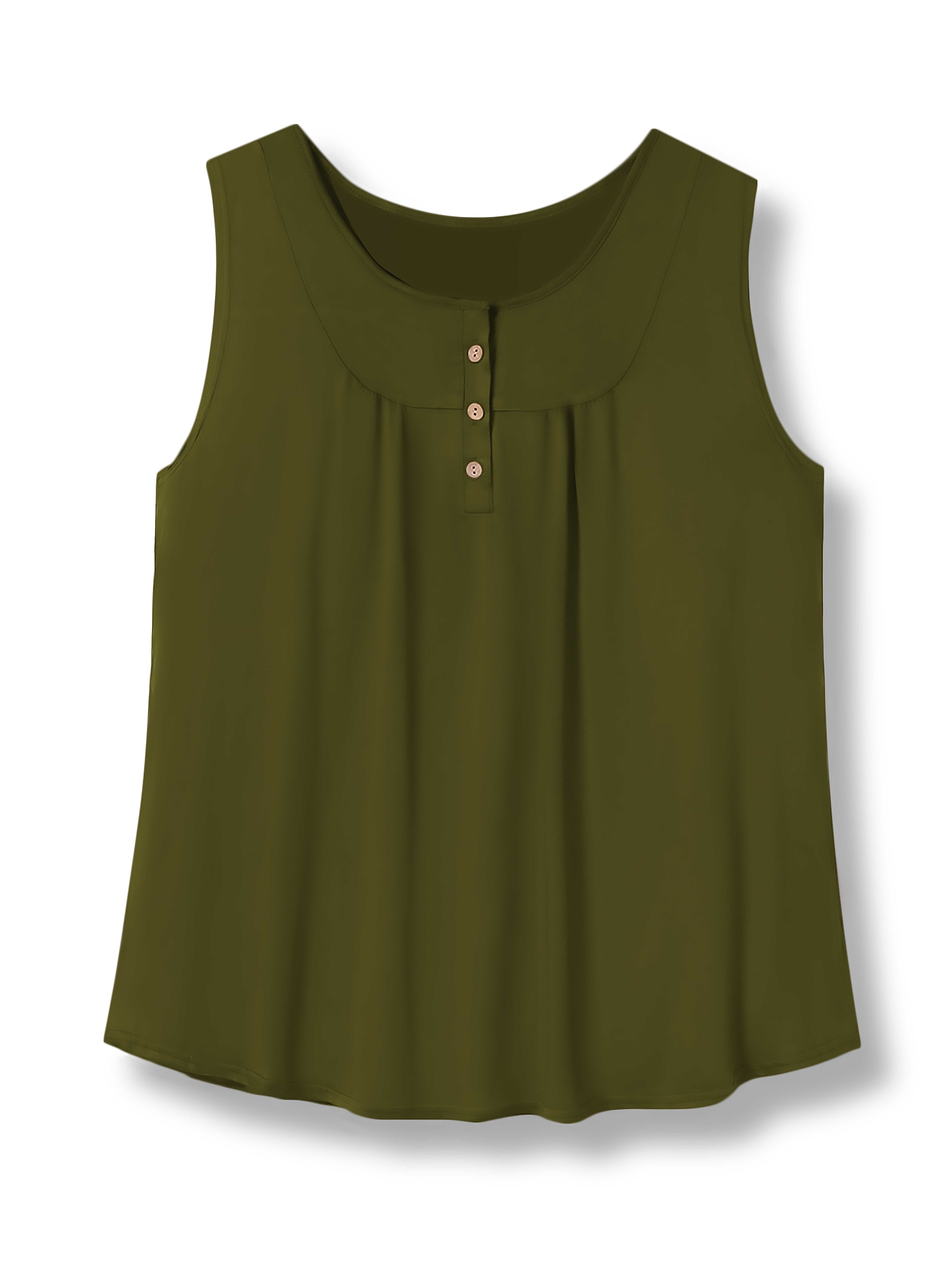 Plus Size Casual Tank Top, Women's Plus Solid Round Neck Medium Stretch Henley Tank Top