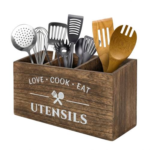 solid wood utensil and kitchenware storage box wooden countertop kitchen tool rack with 3 compartments drainage holes farmhouse style cookware and cooking rack