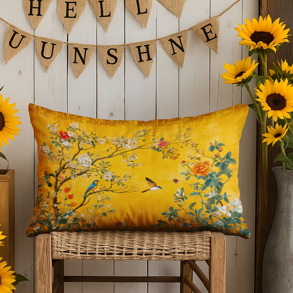 TEMU 1pc Lumbar Pillow Cover, Double-sided Print 12x20 Inches/30x50cm, Elegant Chinese Style With Chinese Floral, Tree, And Bird - Golden On Mustard