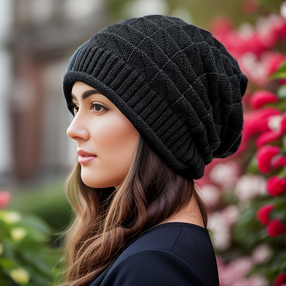 

Women's Winter Slouchy Beanies, Elastic Stripe Warm Ski Caps, Solid Color Knitted Hats For Ladies