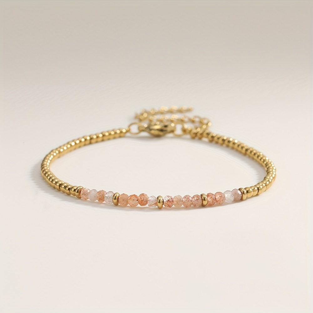 Image of 1pc Nature Stone Beads Bracelet 18k Golden Plated Stainless Steel Beaded Bracelet Ajustable Nature Rose Quartz Beads Jewelry For Women