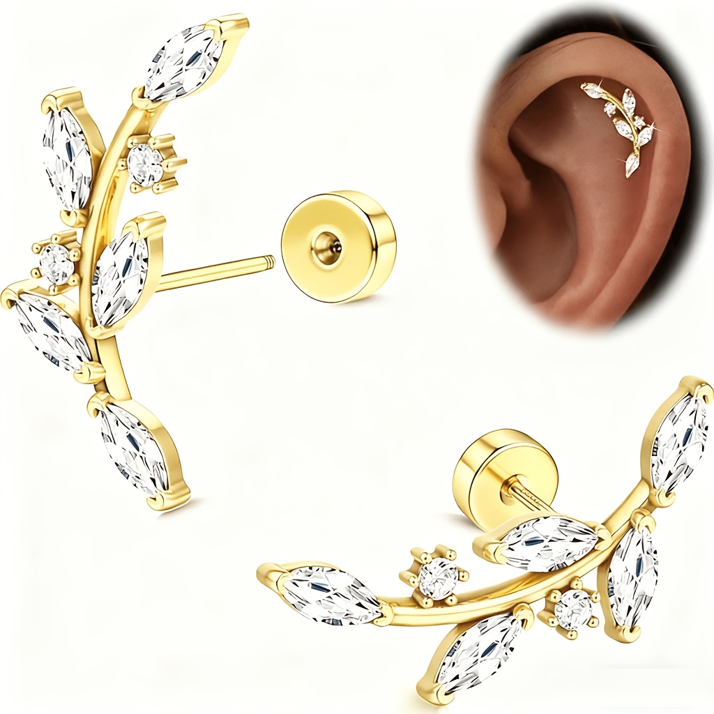 TEMU 1pc Exquisite Leaf-shaped Stud Ear Piercing, Fashionable Easy Niche Design, Suitable For Daily Wear, Holiday Gift