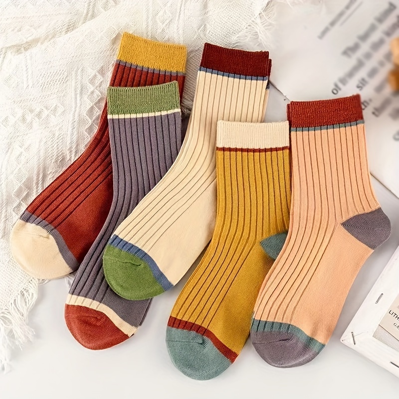 

5 Pairs Colorblock Ribbed Socks, Trendy Vintage Style Mid Tube Socks For Fall & Winter, Women's Stockings & Hosiery