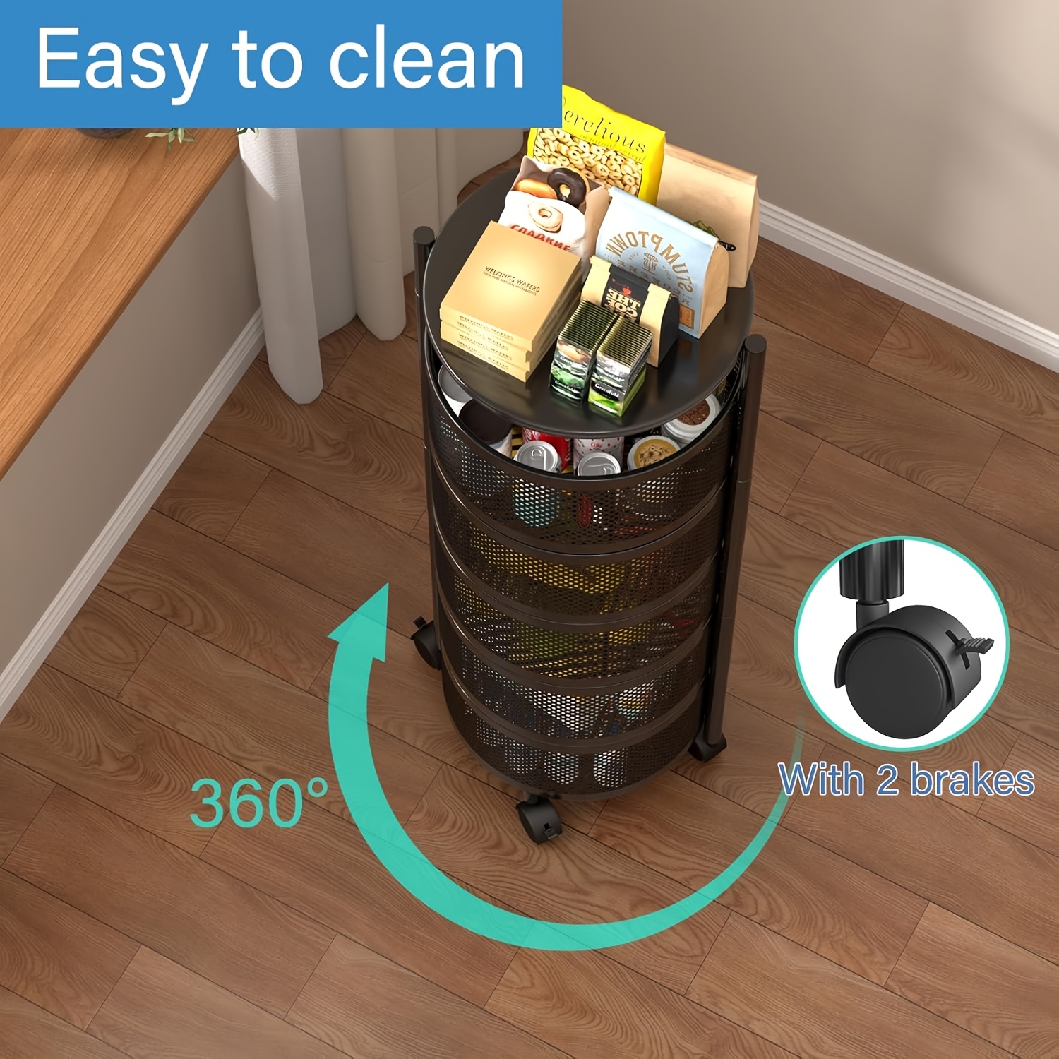 TEMU Rotating Storage Rack With Wheels, 5-tier And Vegetable Organizer, Mobile Utility Cart For Kitchen/bathroom/living Room, Perfect For Home Use,