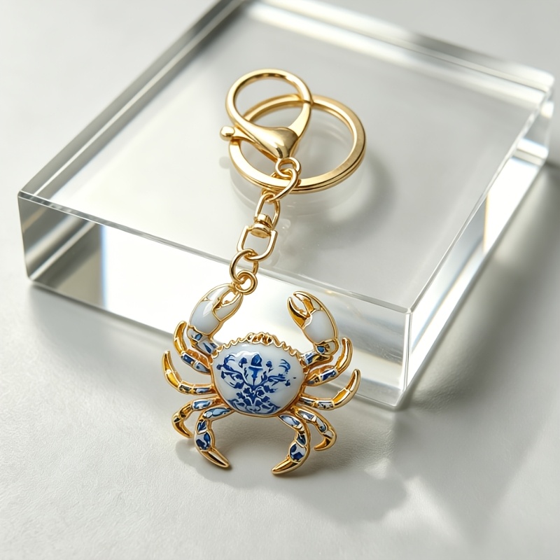 TEMU Porte-clés Motif Porcelaine Bleu et Blanc en Alliage, Anneau de Clé Animal Marin, Breloque de Sac, Pendentif pour Sac à Dos, Sac à Main,