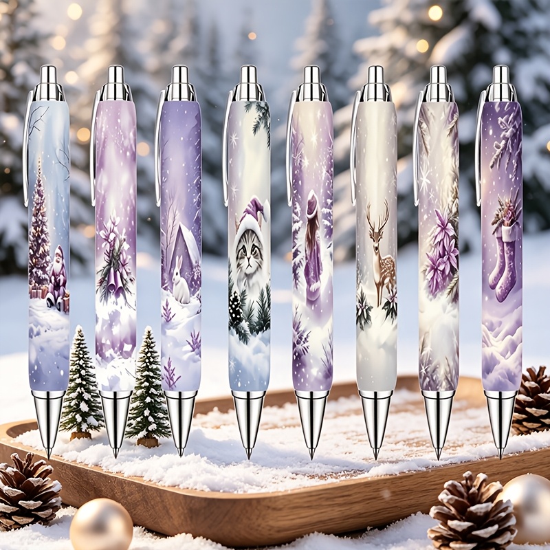 TEMU 8pcs Christmas Winter Snowflake Retractable Ballpoint Pens, Purple Xmas Snow Scene Pattern Pens, Decorative Black Ink Pens For Office School