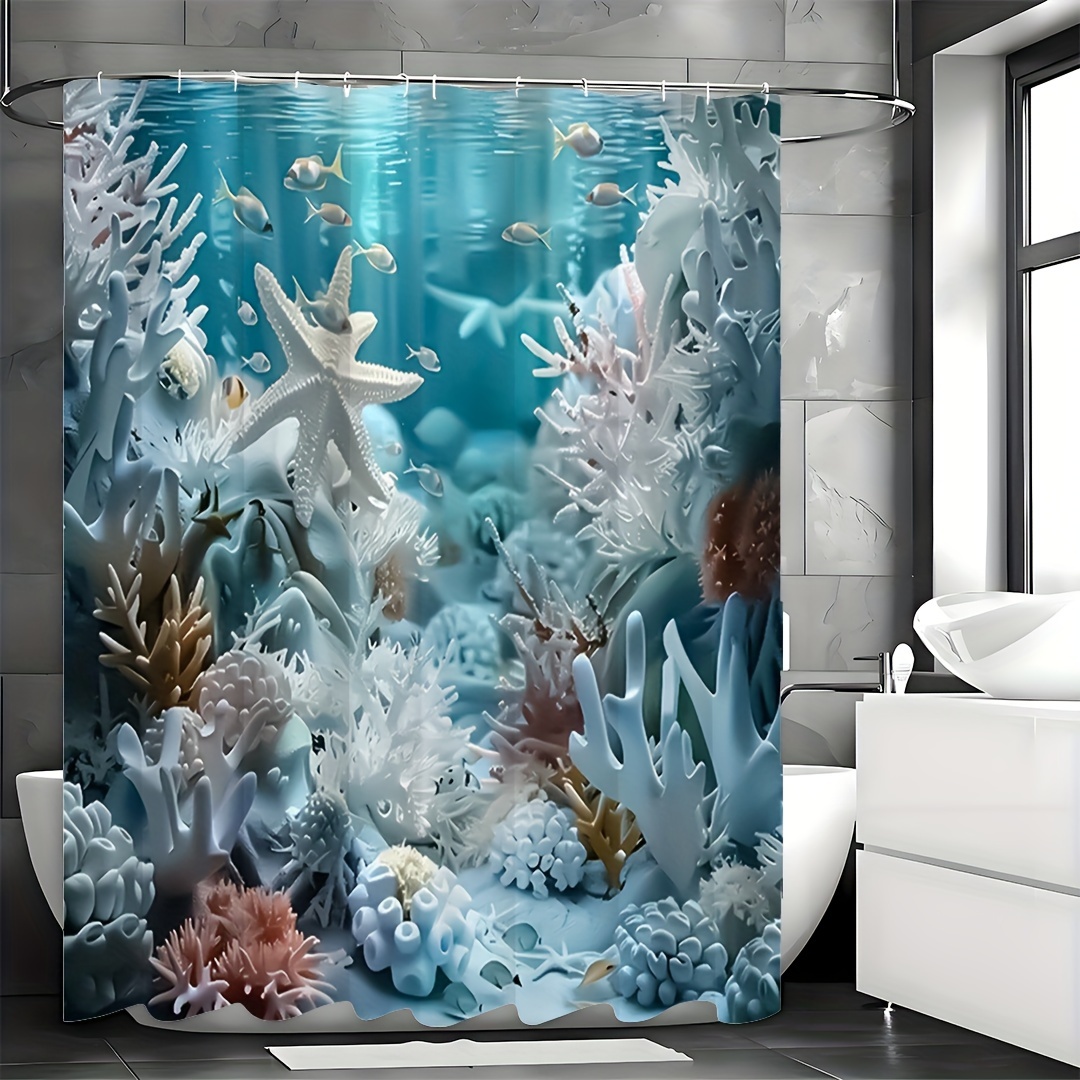 

1pc Ocean Starfish Print Shower Curtain Set Decorative Bathroom Set Includes Waterproof Shower Curtain And 12 Plastic Hooks, Bathroom Accessories Home Decor