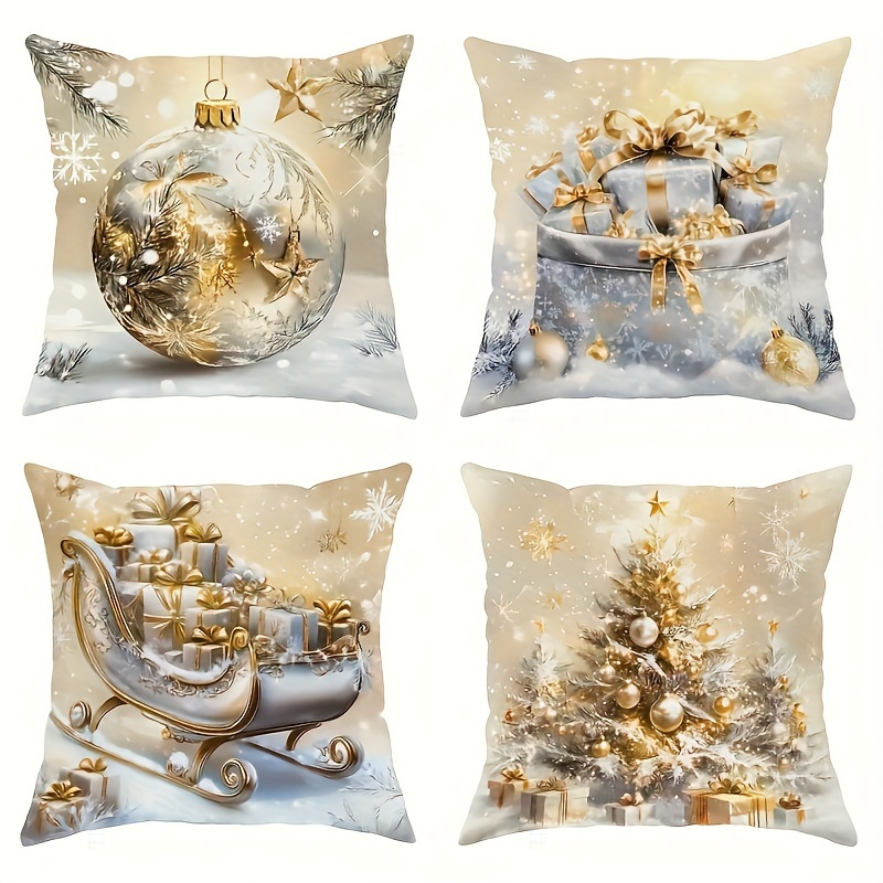 

4pcs Set Christmas Glitter Throw Pillow Covers With Golden & Silvery Accents - Modern Zippered Room Sofa, Machine Washable, Holiday Decor, 100% Polyester, Inserts Not Included