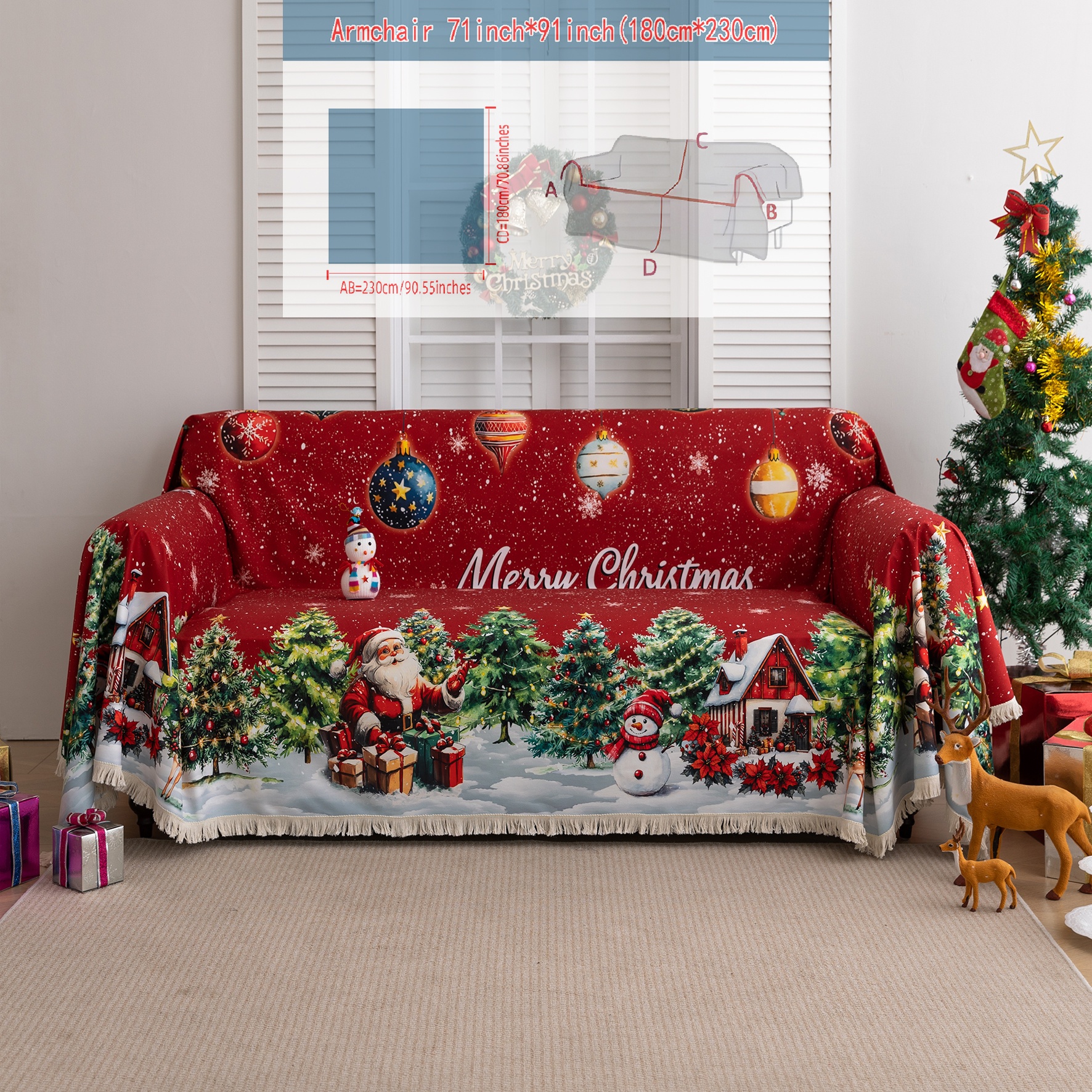 Image of A 2d Christmas Sofa Cover Featuring Santa Claus, Christmas Trees, And Colorful Ornaments, With Beige Tassels - Suitable For , Pet-friendly And Scratch-resistant, Machine Washable