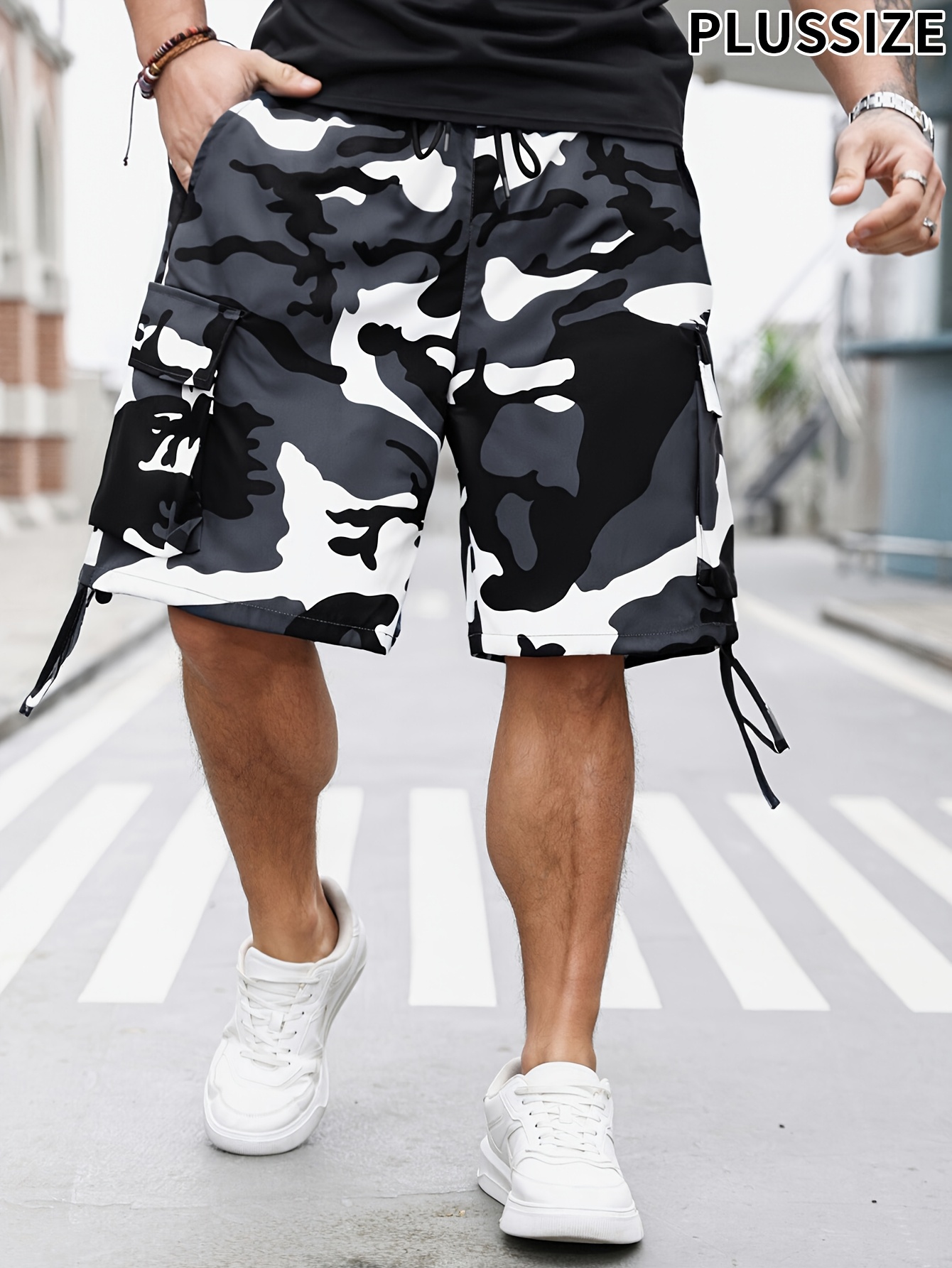 Men's Plus Size Camouflage Cargo Shorts - Elastic Waist with Adjustable Drawstring, Multiple Pockets, Regular Fit Casual Outdoor Shorts for Casual Attire, Camouflage Shorts, Comfortable Fashion, Durable Design, Summer Wear, Geometric Pattern, Nonstretch Fabric, Big And Tall, PLUS SIZE