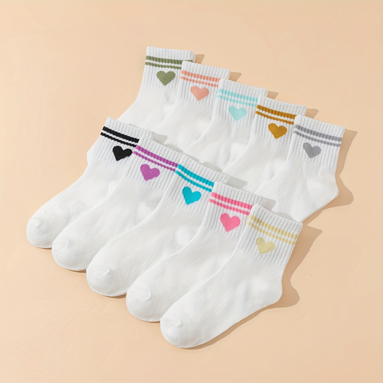 Image of 10 Pairs Of White Socks Featuring Heart Shapes And Double Stripes, Suitable For Boys And Girls - Breathable Mid-calf Socks, Socks For Kids