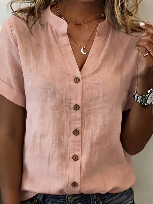 womens fashion solid color v neck rolled hem short sleeve shirt simple commuter style neckline defining figure flattering friendly breathable fabric versatile for daily and workplace wear effortlessly an elegant look