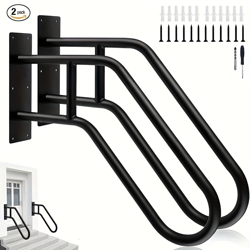 

2 Mount Handrail Railing For Outdoor Step Handrails Black Safety Grab Bars For Garage, Porch, Garden Steps Stairs - Iron Material, Wall Mount, Multipurpose