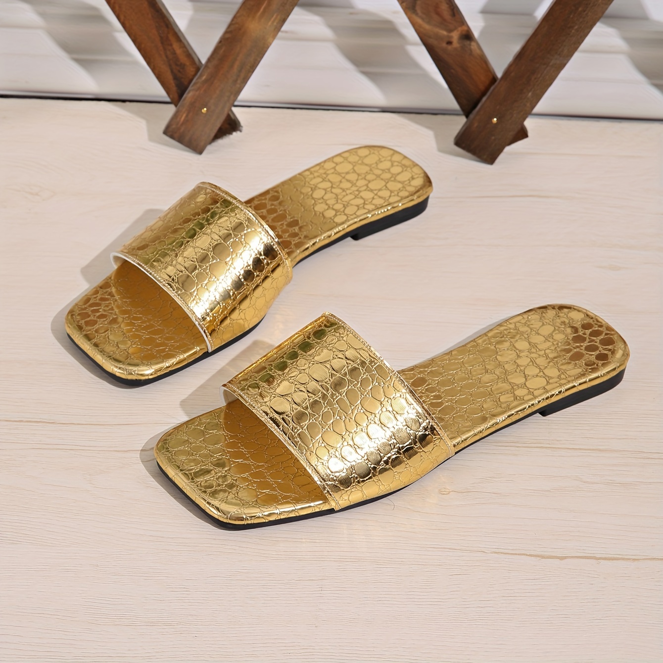 TEMU Chic Golden Women' Sandals - Comfortable Open Toe Flats For Summer, Beach &