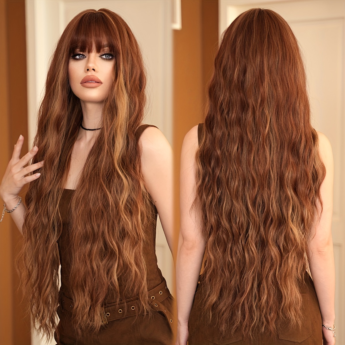 Image of Halloween Dress Up Wig Routine Wig Long Loose Wave Brown Wig With Bangs High Density Highlight Golden Wig Heat Resistant Synthetic Wig For Women Daily Party Use