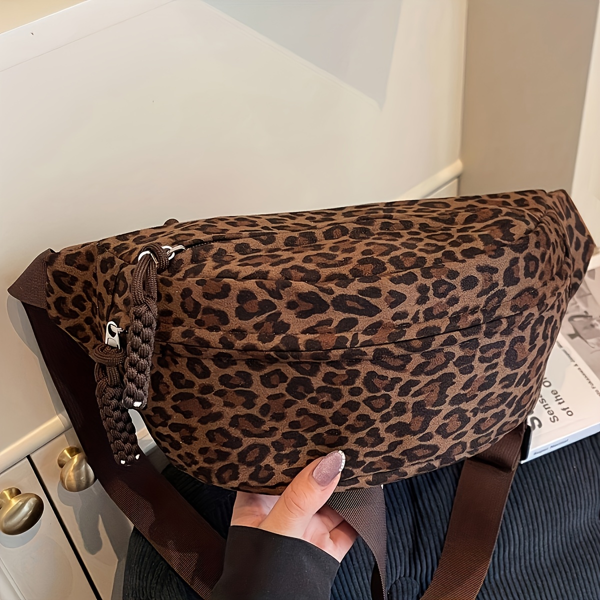 TEMU Teenager's Chest Bag, Deer Skin Velvet Bag, Large Capacity New Autumn Winter Leisure Small Crossbody Bag, Leopard Print Chest Waist Bag, For