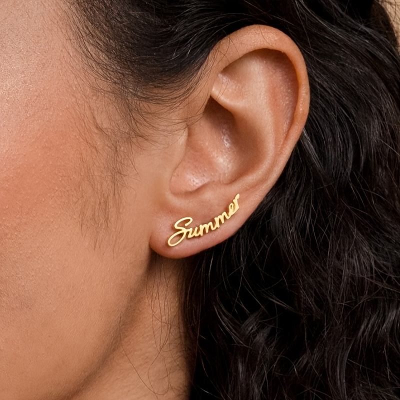 TEMU 2pcs 304l Stainless Steel Arched Full Name Stud Earrings, Custom Cursive Lettering · Minimalist Style Personalized Name Jewelry · Exquisite