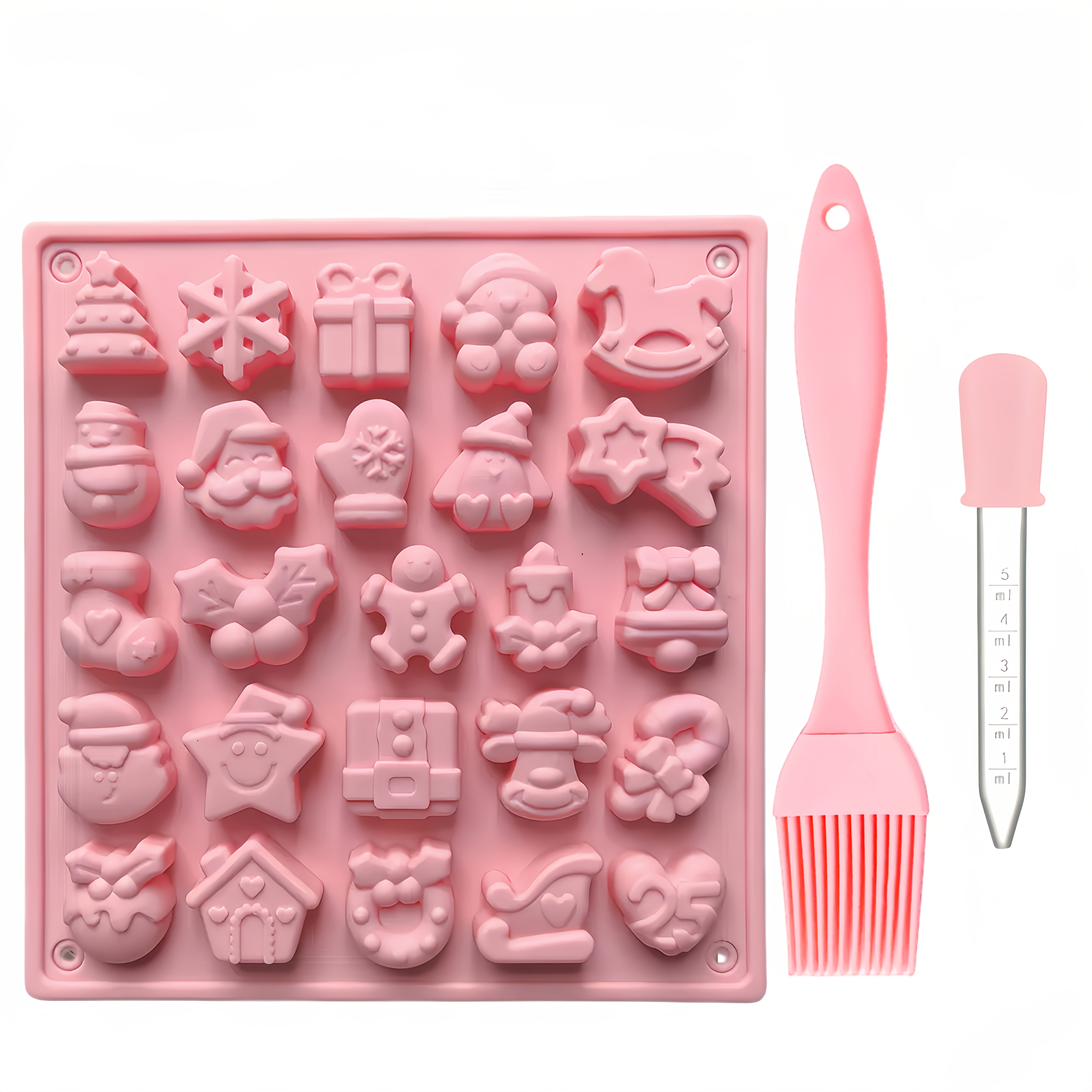 TEMU New 3pcs Set (25-cavity Christmas Silicone Mold, 1 Brush, 1 Dropper) Holiday-shaped Mold, Suitable For Diy Candles, Soaps, And Resin Crafts For