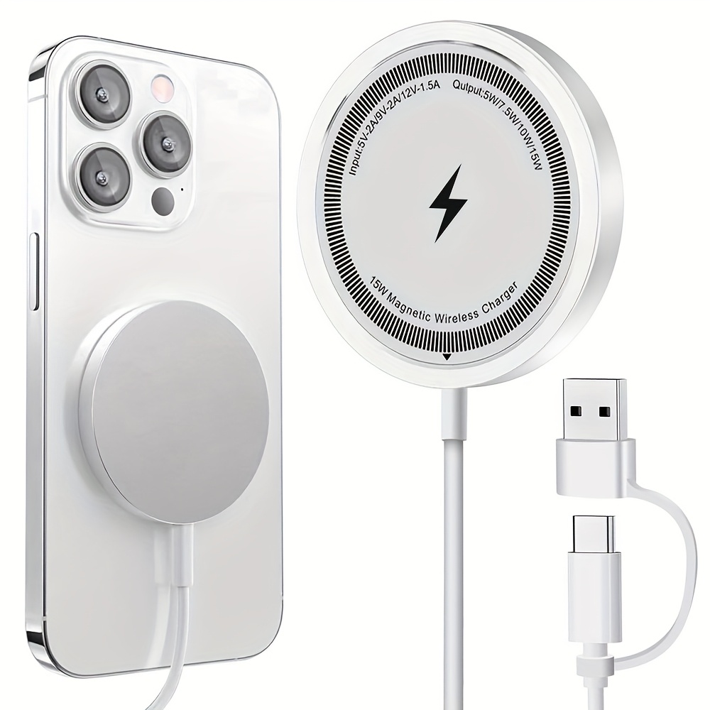 TEMU 15w Strong Magnetic Wireless Charger For Iphone 15-11 - Fast Charging Pad With Usb-c Port, 2-in-1 Portable Design For